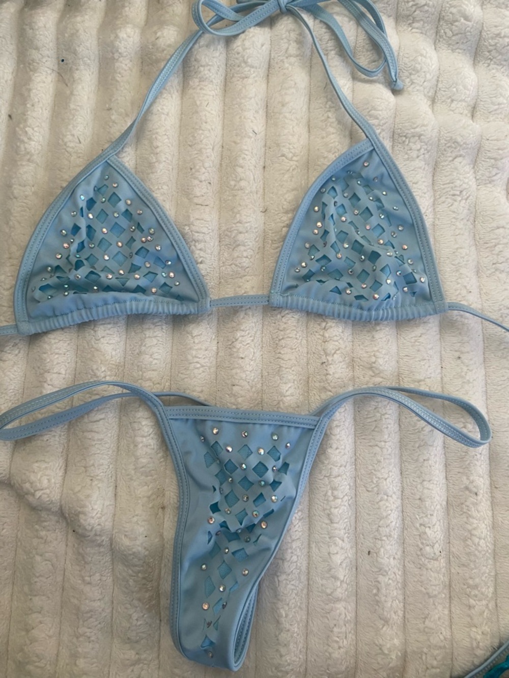 Light Blue Lattice Rhinestone Triangle Bikini - Women Swim